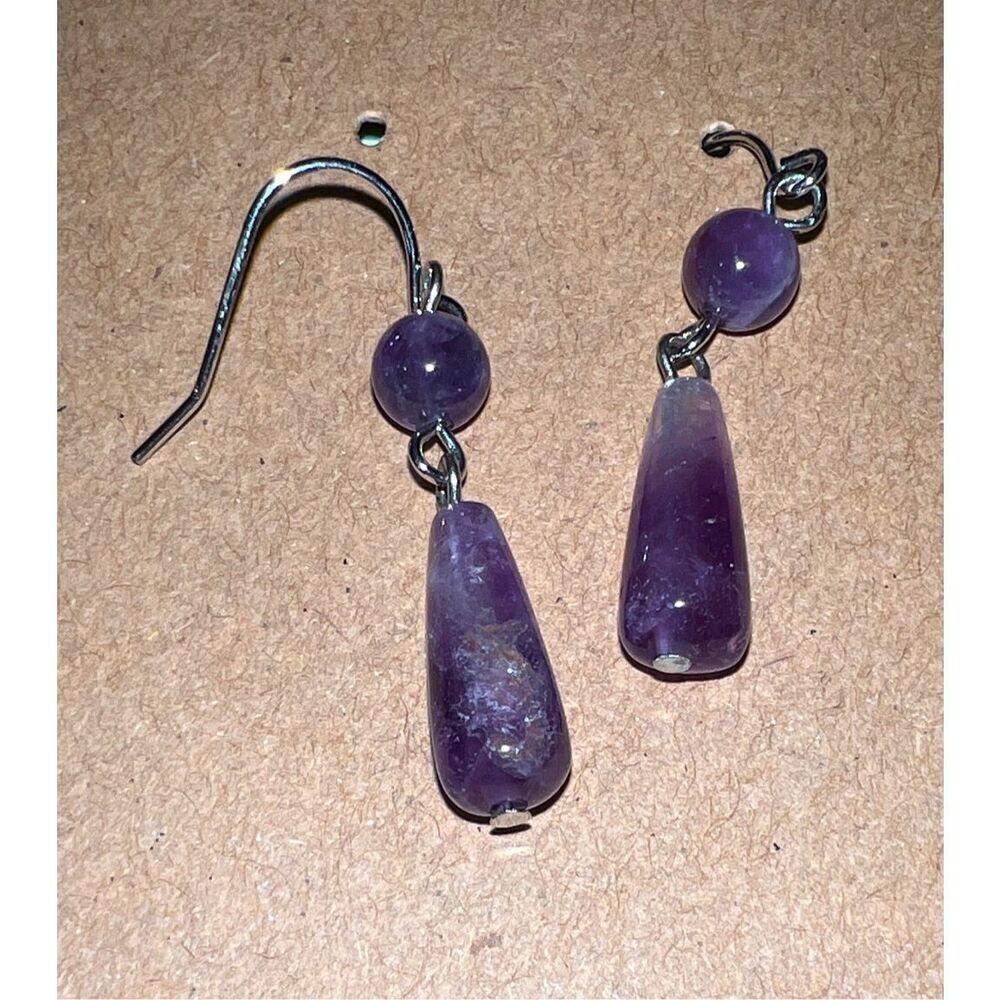 Elegant Amethyst Teardrop Dangle Earrings - Silver Tone - Picture 6 of 8